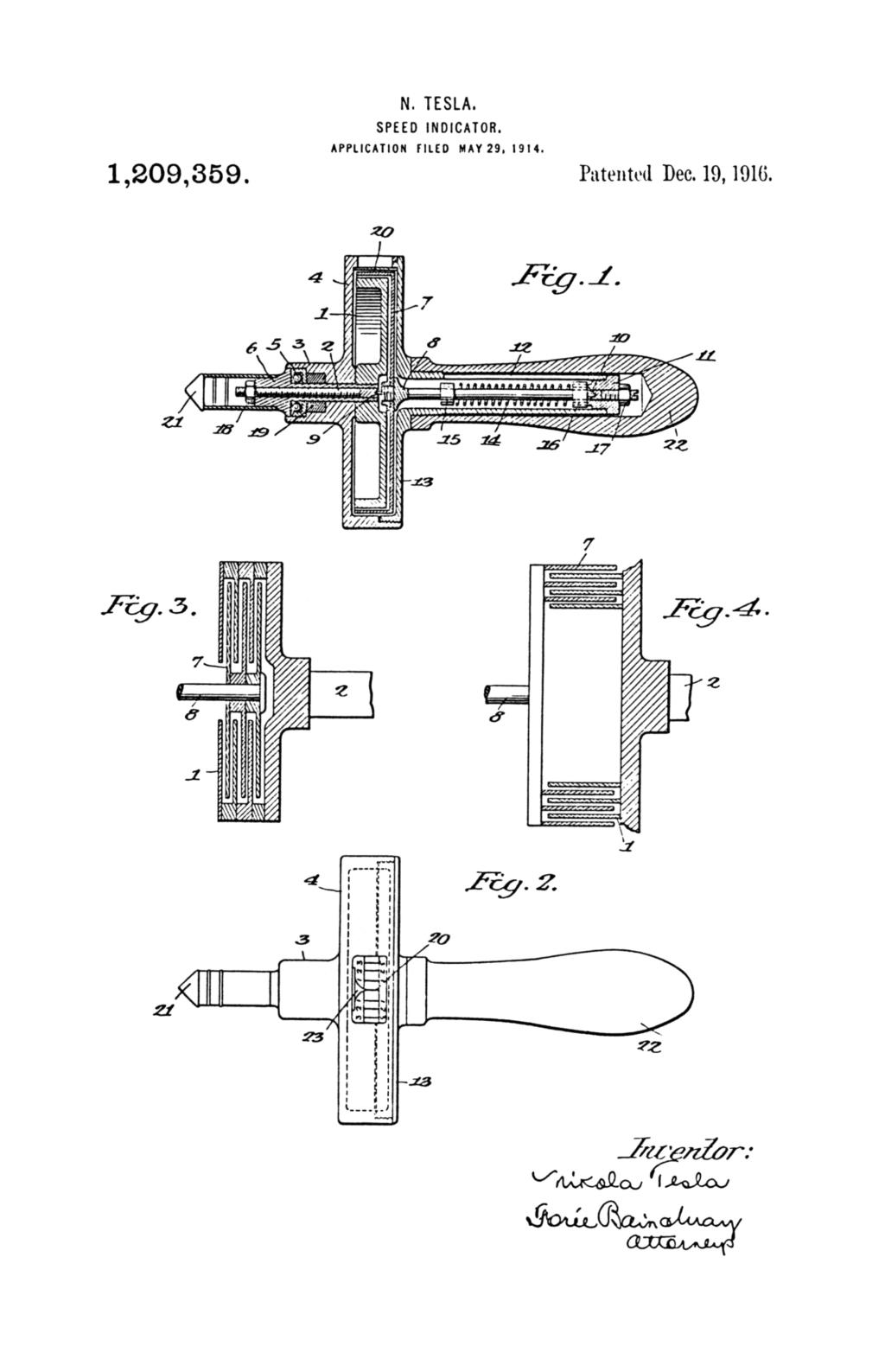 Nikola Tesla U.S. Patent 1,209,359 - Speed-Indicator - Image 1