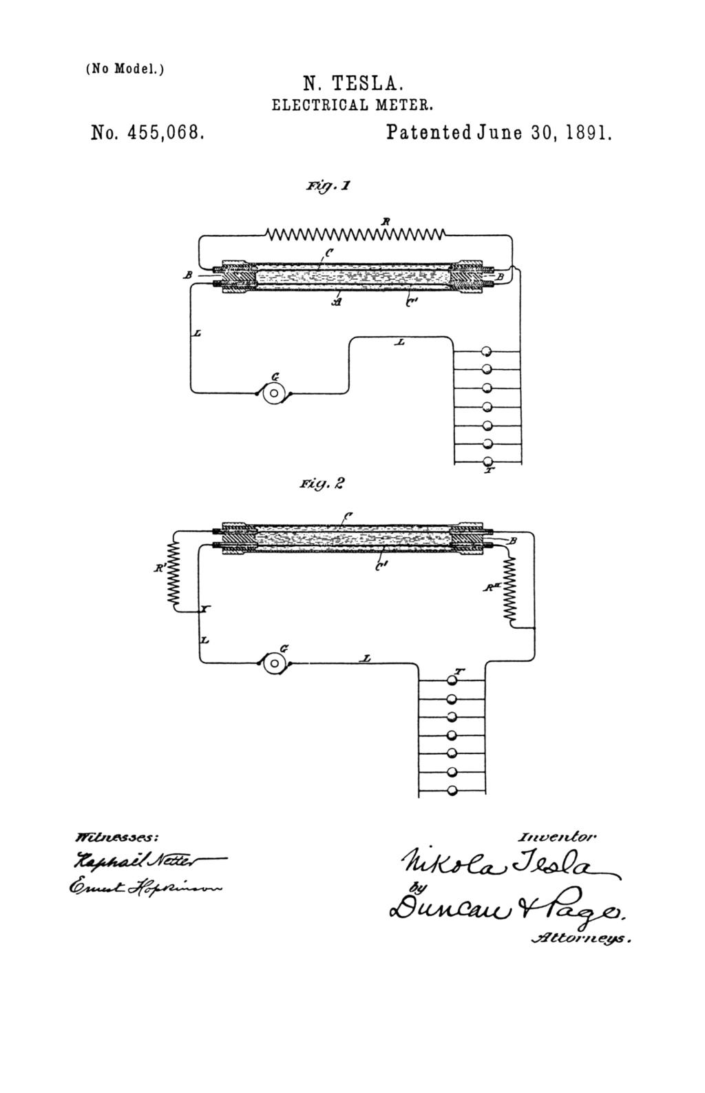 Nikola Tesla U.S. Patent 455,068 - Electrical Meter - Image 1