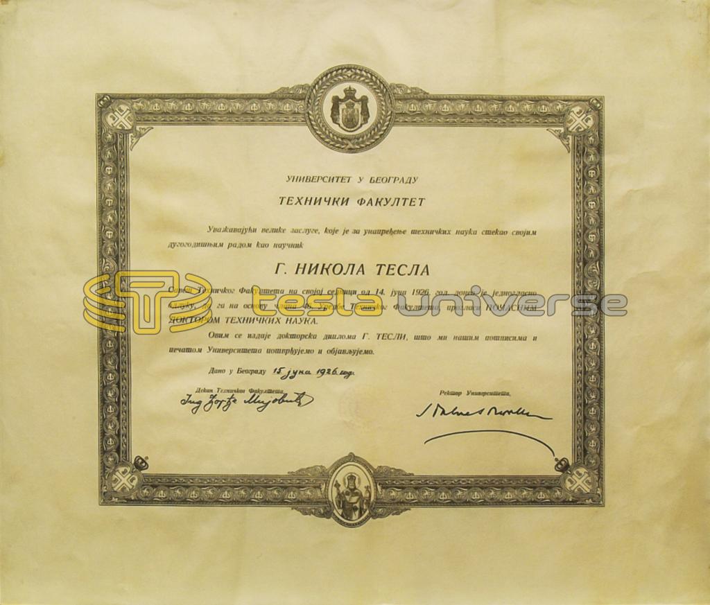 Certificate of honorary doctorate awarded to Tesla from the University of Belgrade