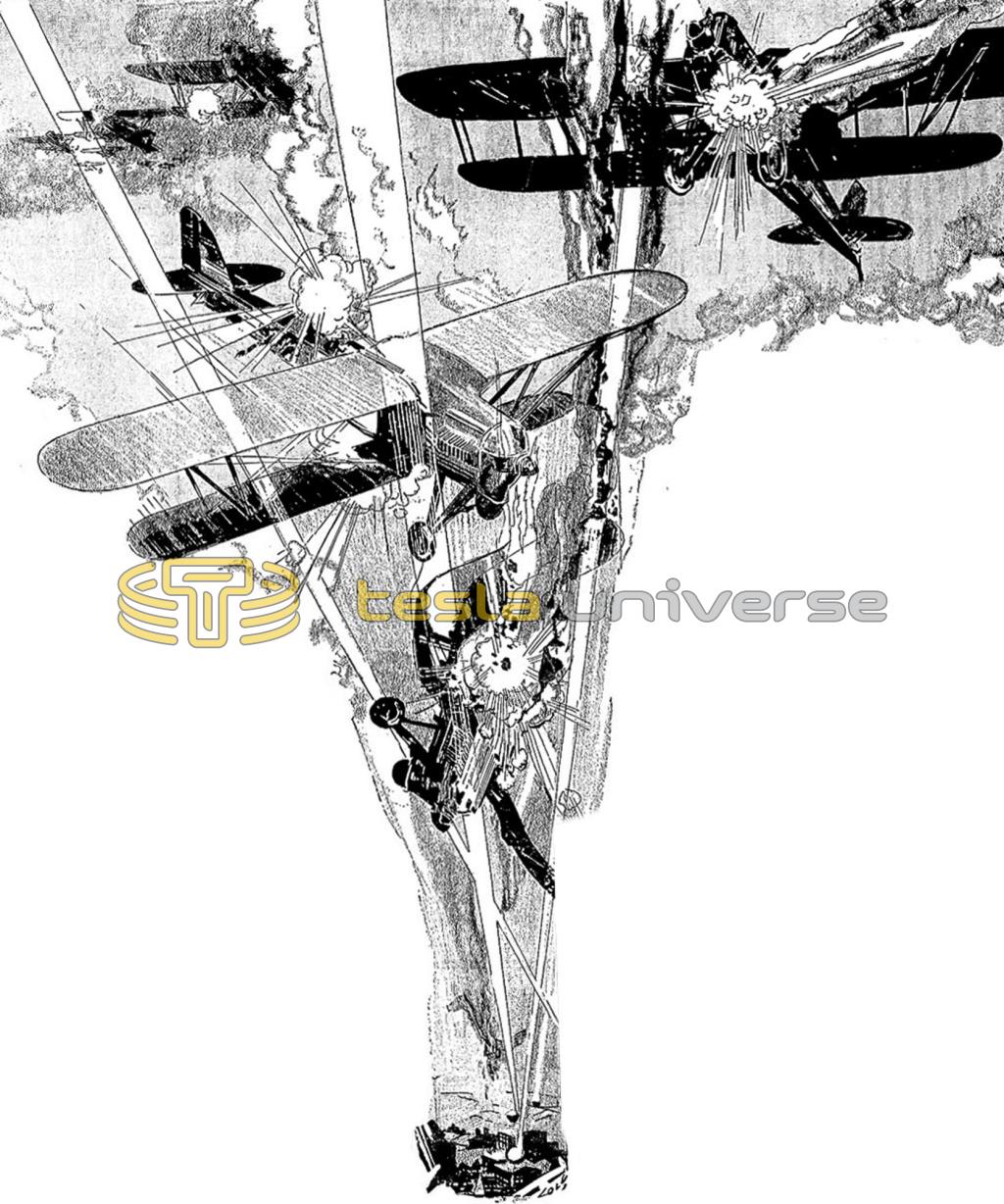 Illustration of Tesla's new death ray beam bringing down fleets of aircraft