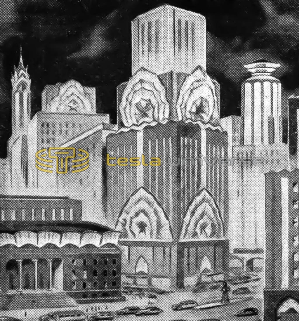 Artist drawing of Tesla radio-power providing constant daylight