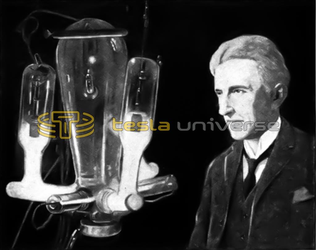 Nikola Tesla in his laboratory with late type mercury arc rectifier tubes