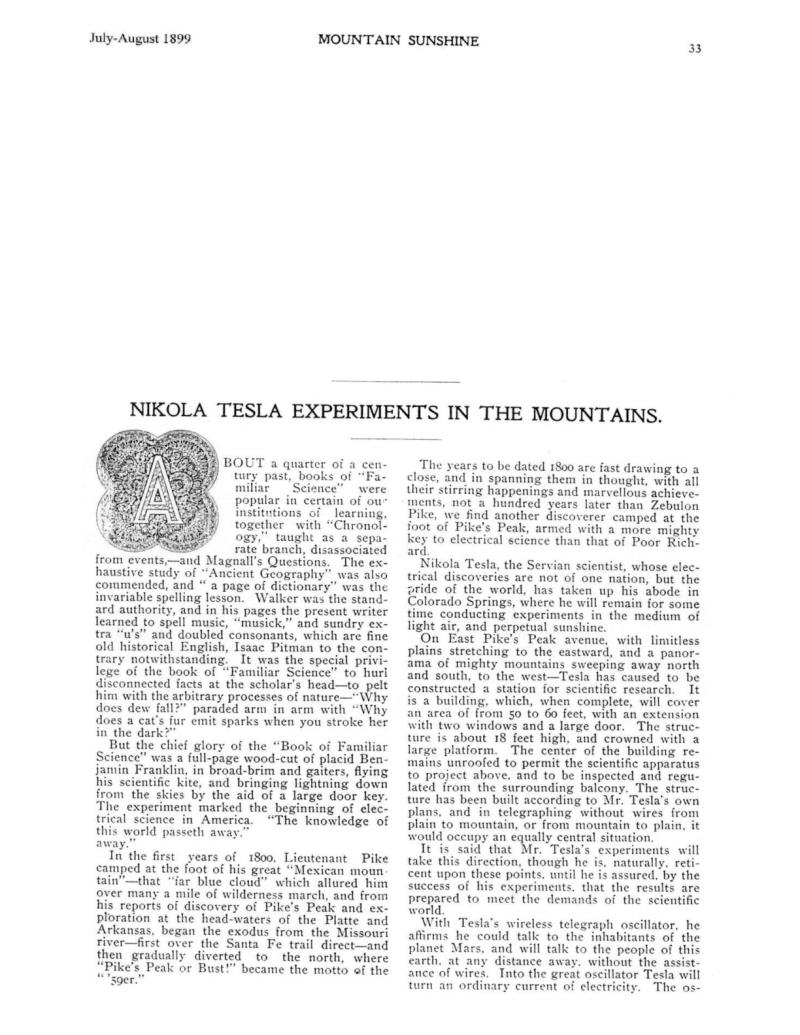 Preview of Nikola Tesla Experiments in the Mountains article