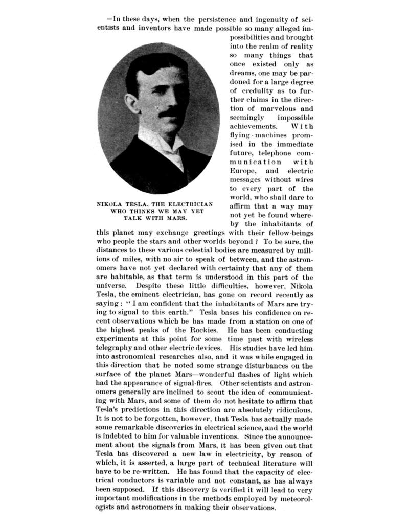 Preview of Nikola Tesla, The Electrician Who Thinks We May Yet Talk With Mars article