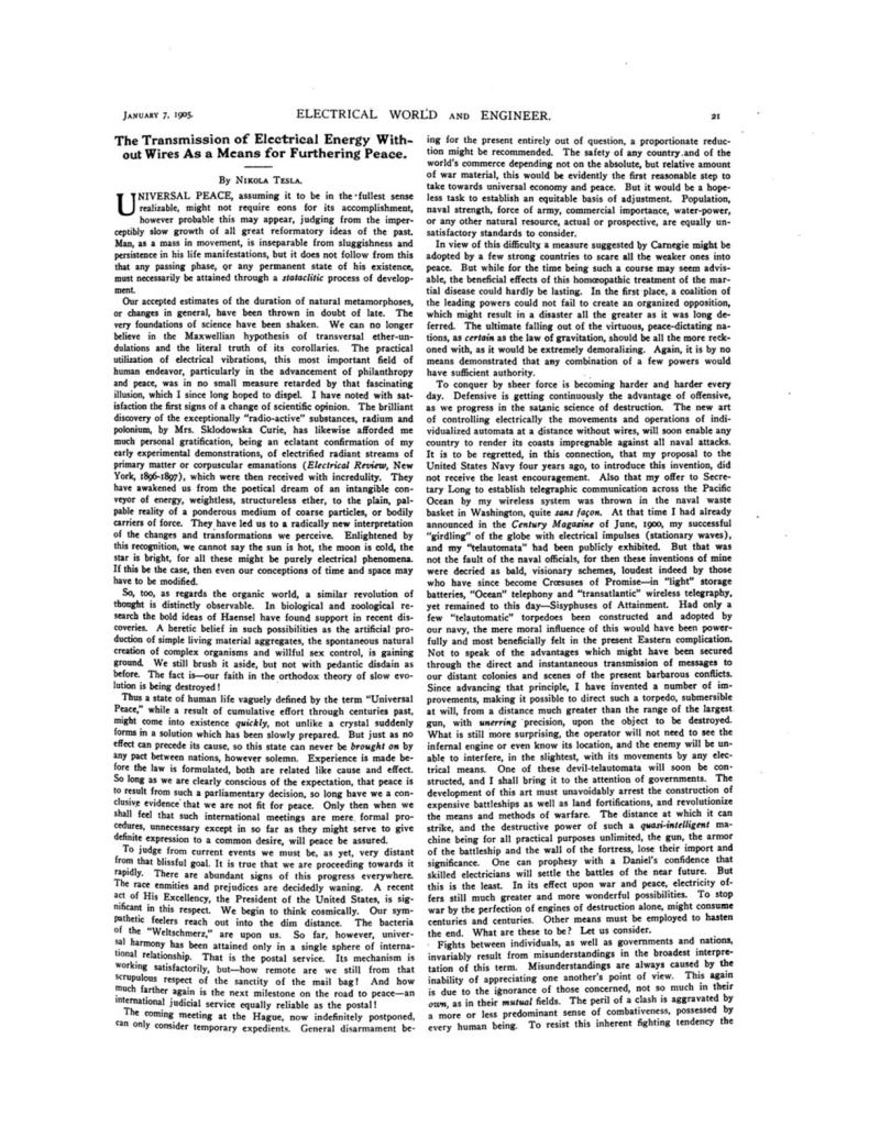 Preview of The Transmission of Electrical Energy Without Wires As a Means for Furthering Peace article