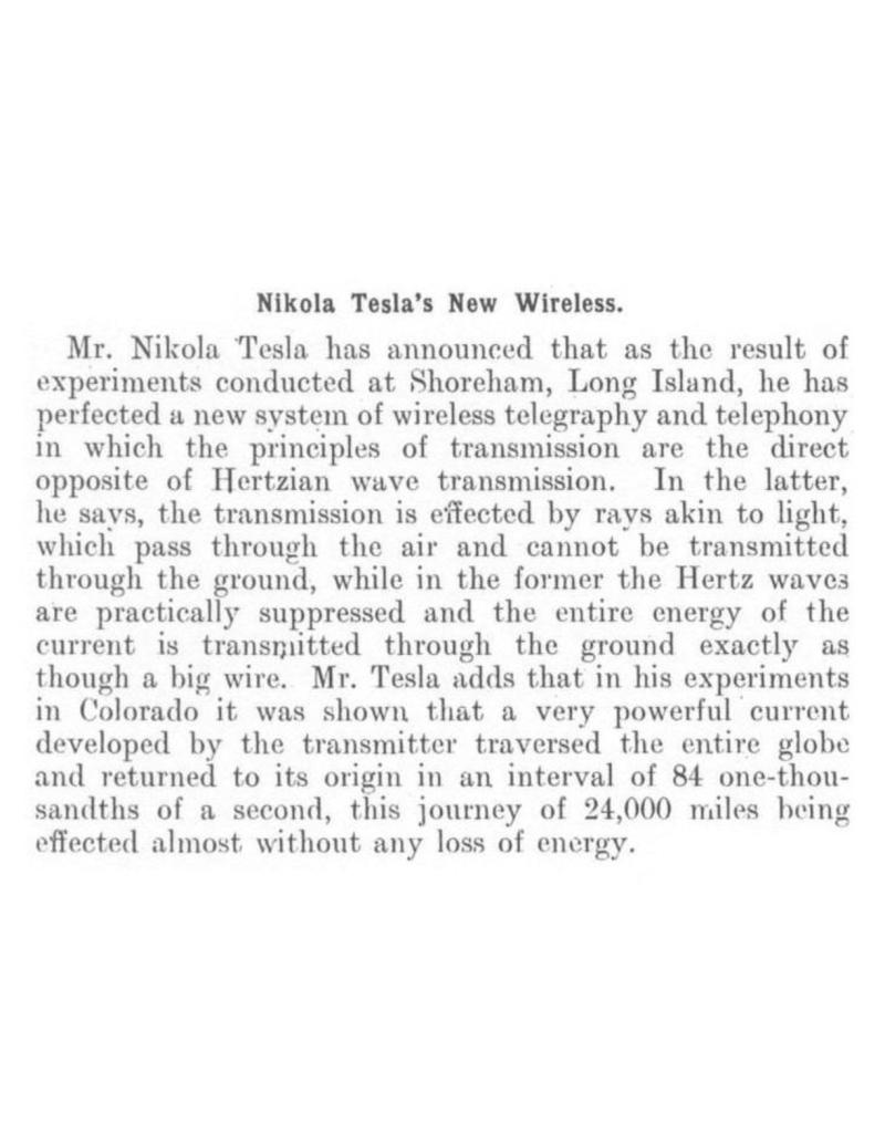 Preview of Nikola Tesla's New Wireless article