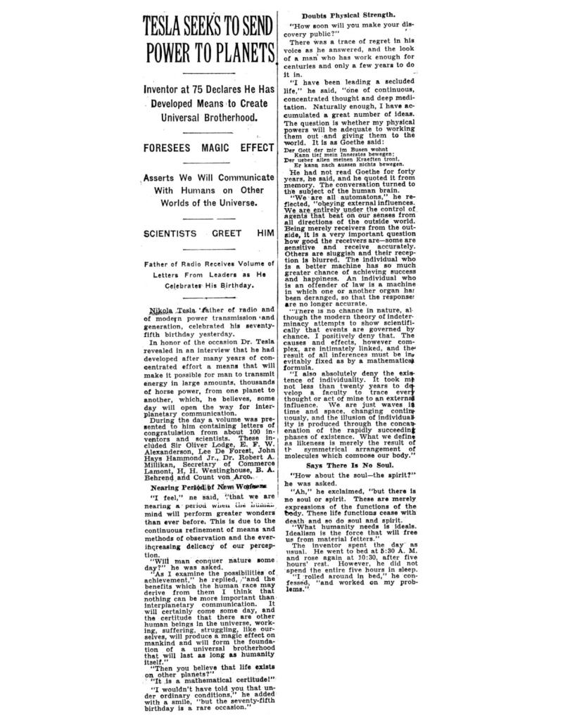 Preview of Tesla Seeks To Send Power To Planets. article