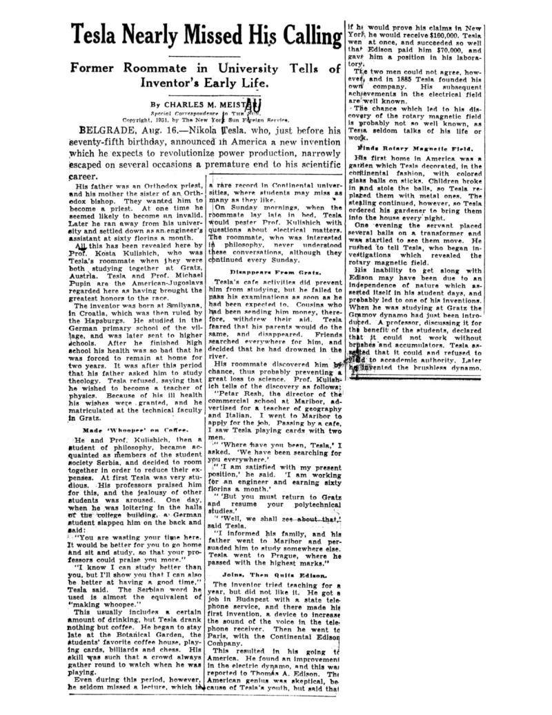 Preview of Tesla Nearly Missed His Calling article