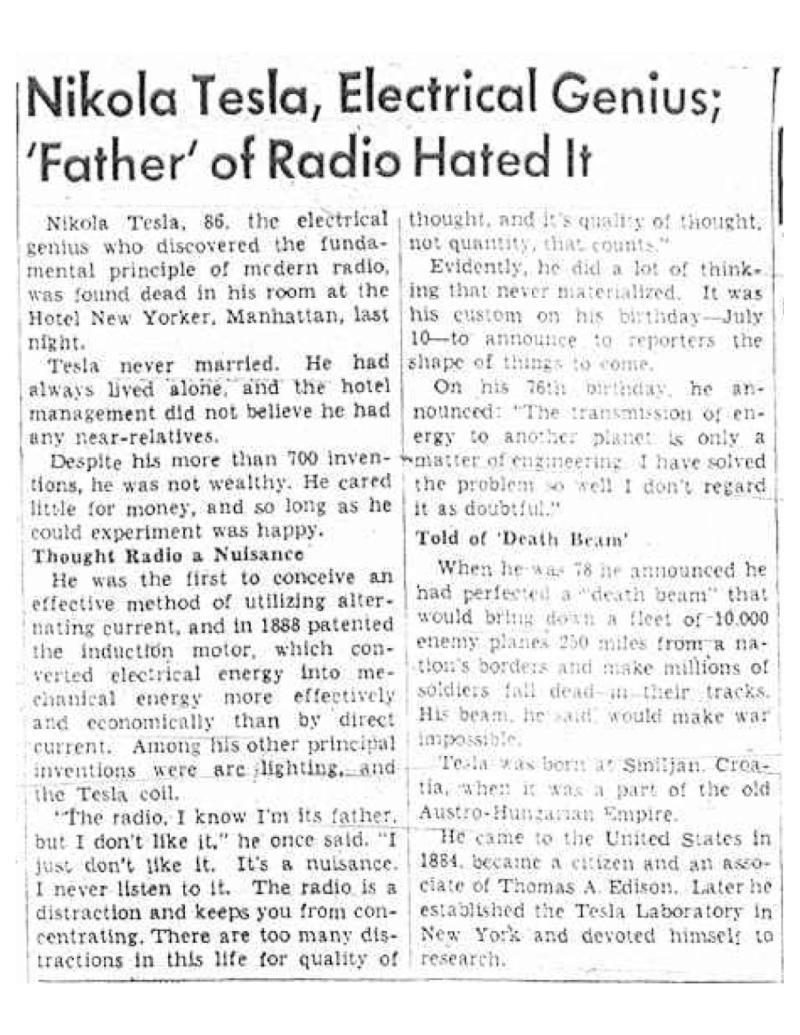 Preview of Nikola Tesla, Electrical Genius; 'Father' of Radio Hated It article