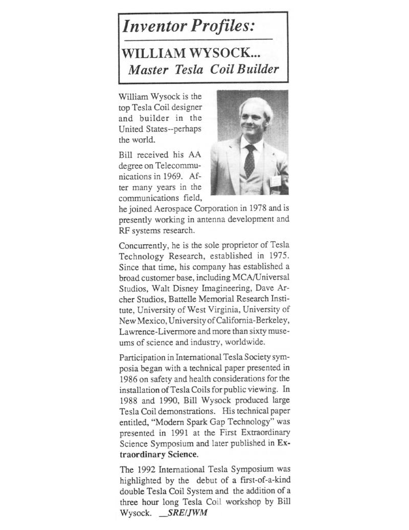 Preview of Inventor Profiles: William Wysock - Master Tesla Coil Builder article