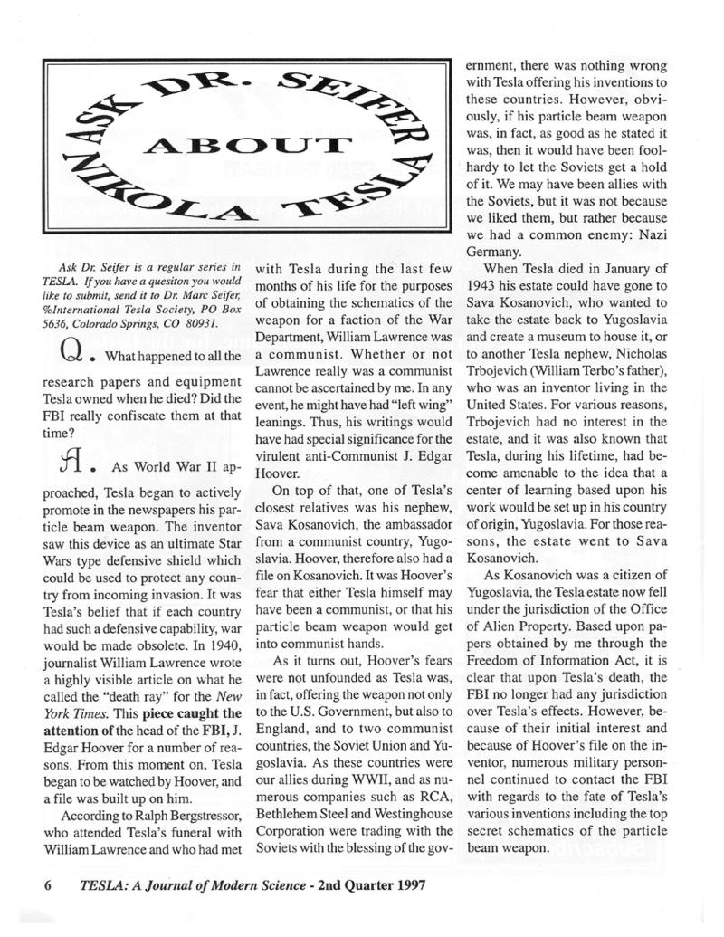 Preview of Ask Dr. Seifer About Nikola Tesla - 2nd Quarter 1997 article