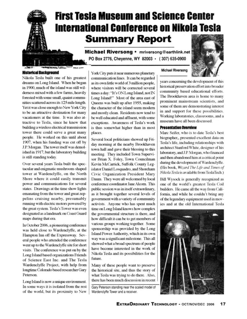 Preview of First Tesla Museum and Science Center International Conference on Nikola Tesla - Summary Report  article