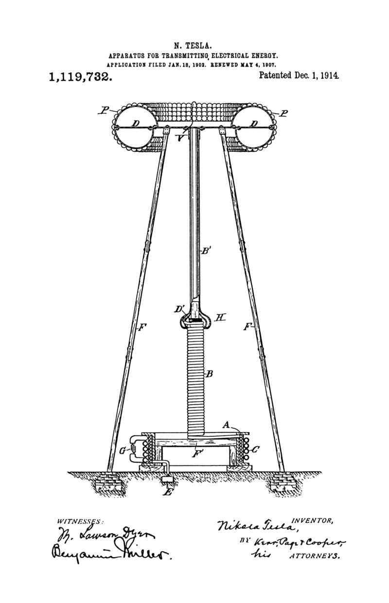 Nikola Tesla U.S. Patent 1,119,732 - Apparatus for Transmitting Electrical Energy - Image 1