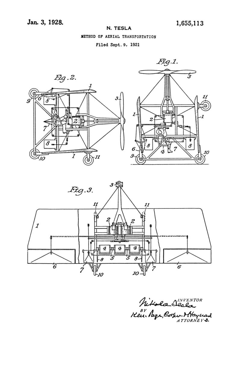 Nikola Tesla U.S. Patent 1,655,113 - Method of Aerial Transportation - Image 1