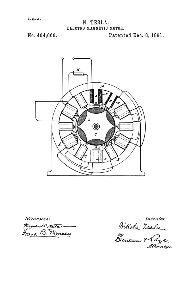 Nikola Tesla U.S. Patent 464,666 - Electro-Magnetic Motor - Image 1