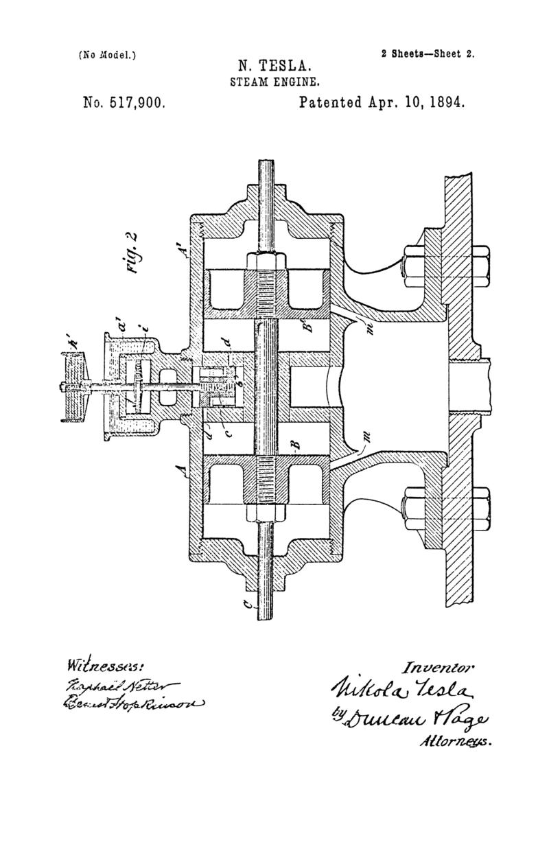 Nikola Tesla U.S. Patent 517,900 - Steam Engine - Image 2