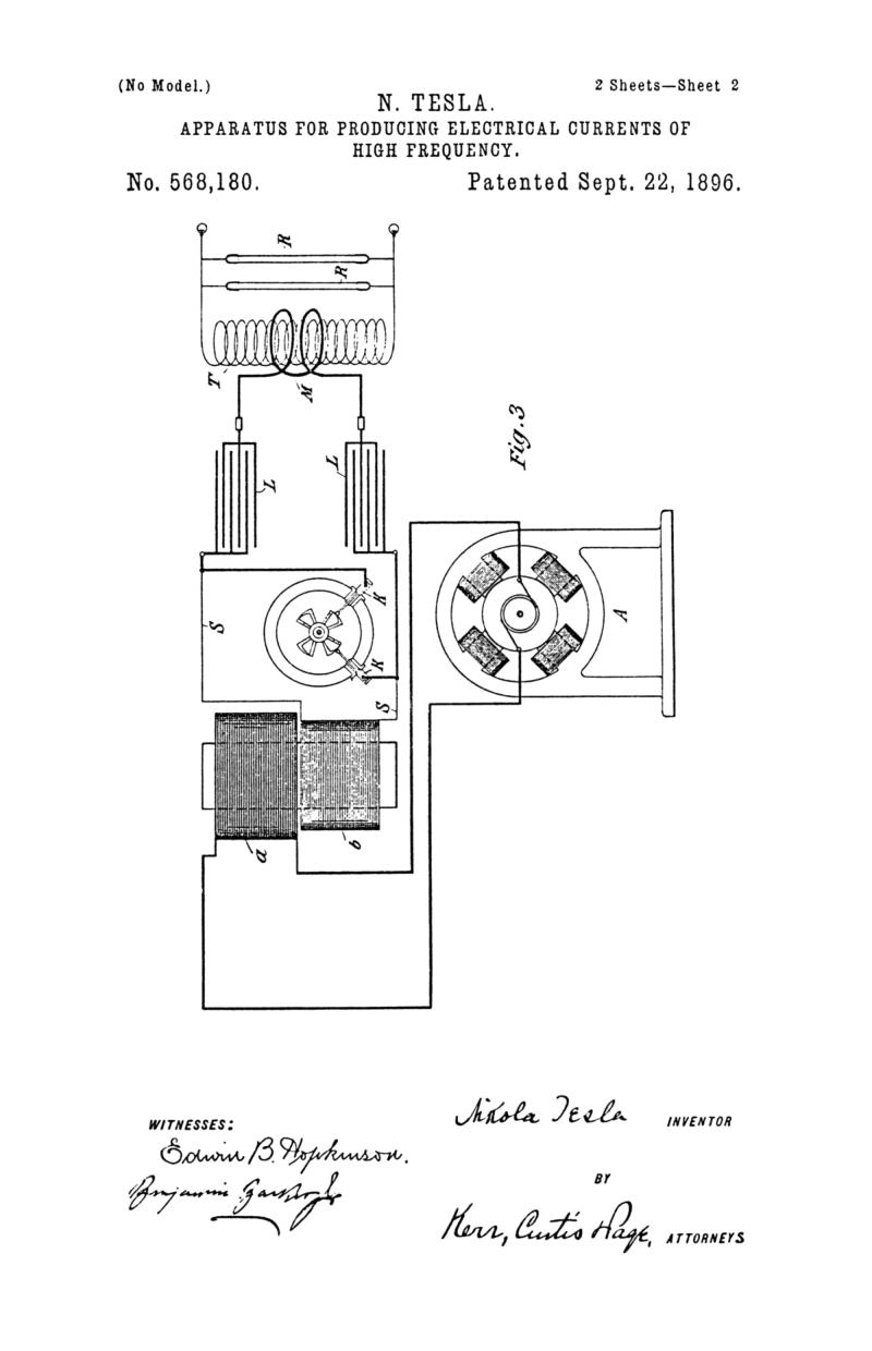 Nikola Tesla U.S. Patent 568,180 - Apparatus for Producing Electrical Currents of High Frequency - Image 2