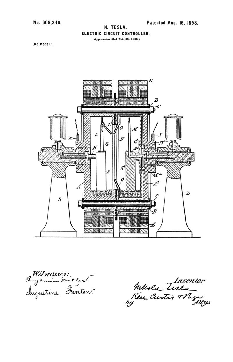 Nikola Tesla U.S. Patent 609,246 - Electric Circuit Controller - Image 1