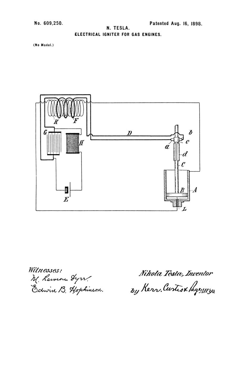 Nikola Tesla U.S. Patent 609,250 - Electrical Igniter for Gas Engines - Image 1