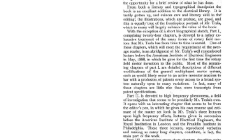Preview of Nikola Tesla and His Work (1894) article
