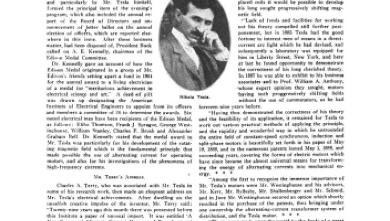 Preview of Nikola Tesla Receives Edison Medal article