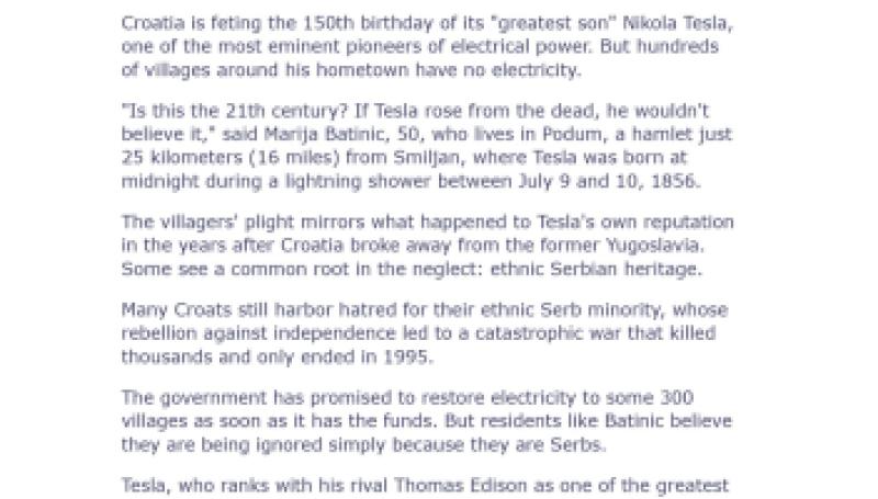 Preview of After Years of Neglect, Nikola Tesla is "in" in Croatia article