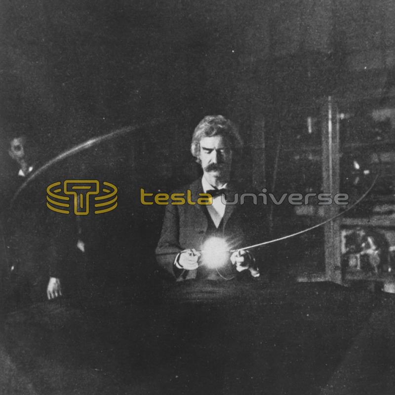 Mark Twain participating with experiment as Tesla watches from behind