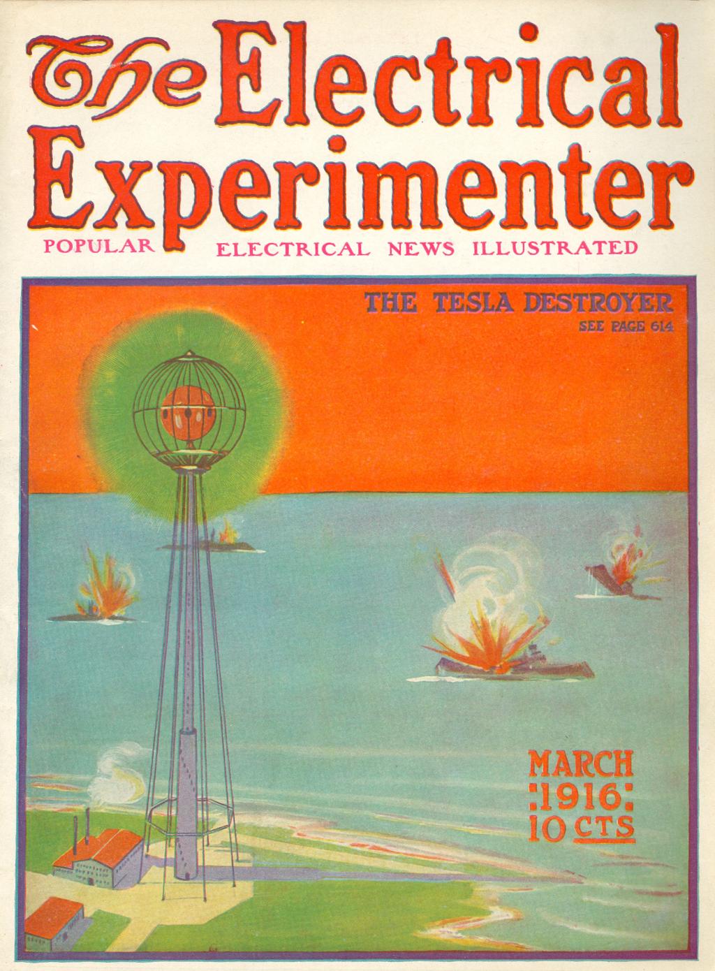 Cover of Electrical Experimenter March 1916 depicting The Tesla Destroyer