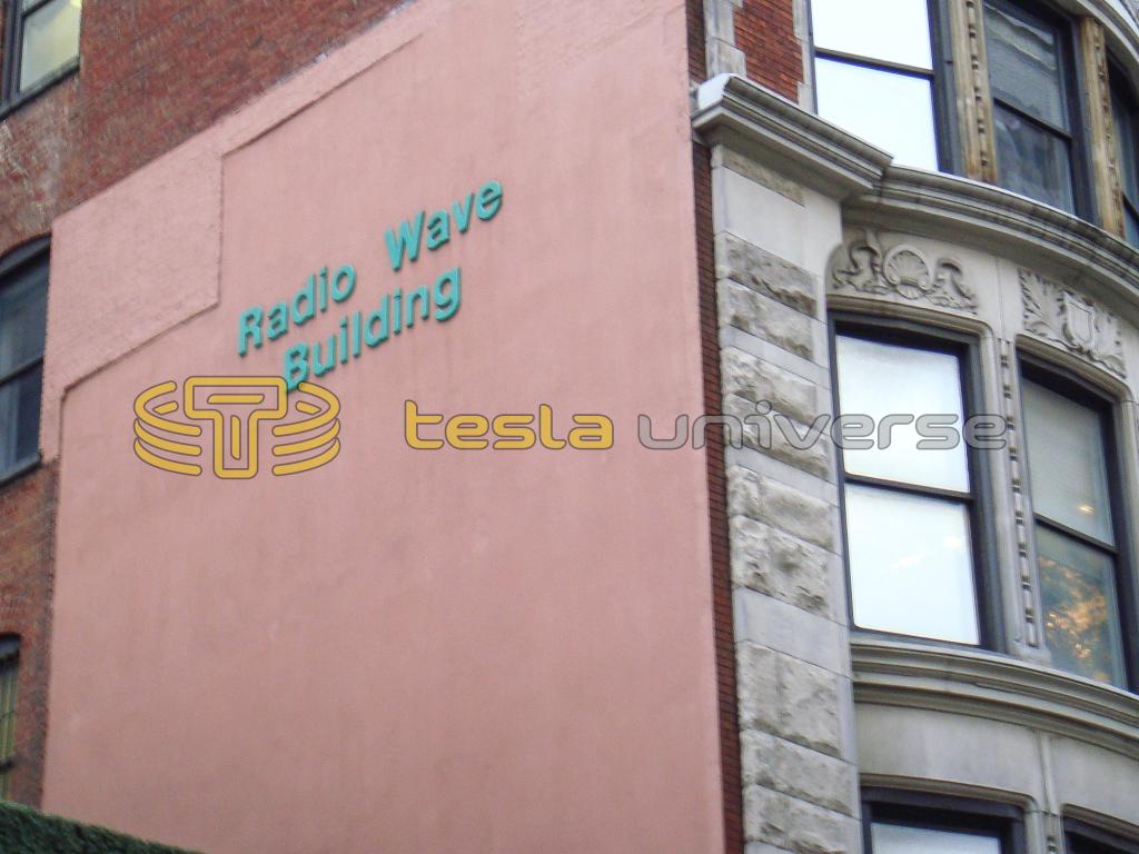 The large "Radio Wave Building" title on the side of the former hotel where Tesla stayed