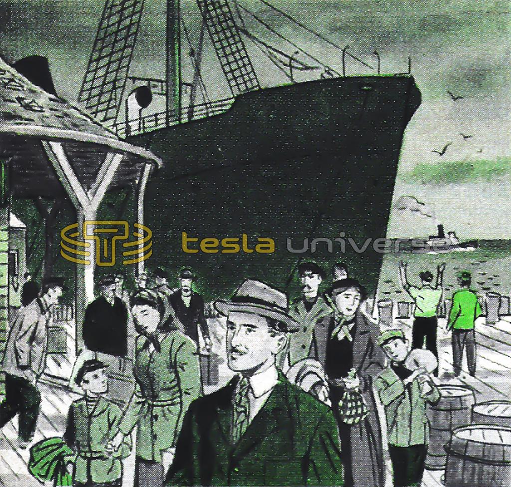 Illustration of Nikola Tesla arriving as an immigrant in New York City