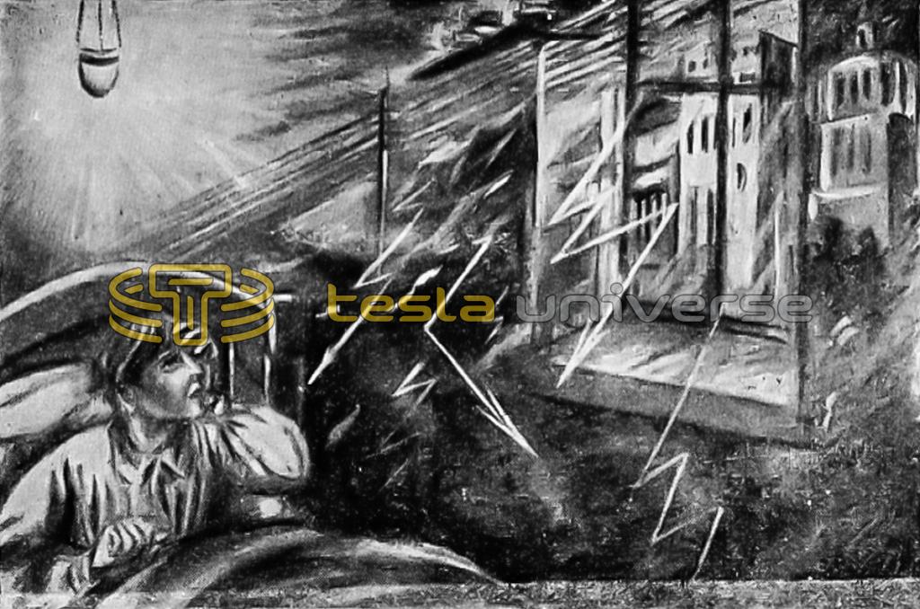 Illustration of Nikola Tesla as a child waking up to thunderstorm