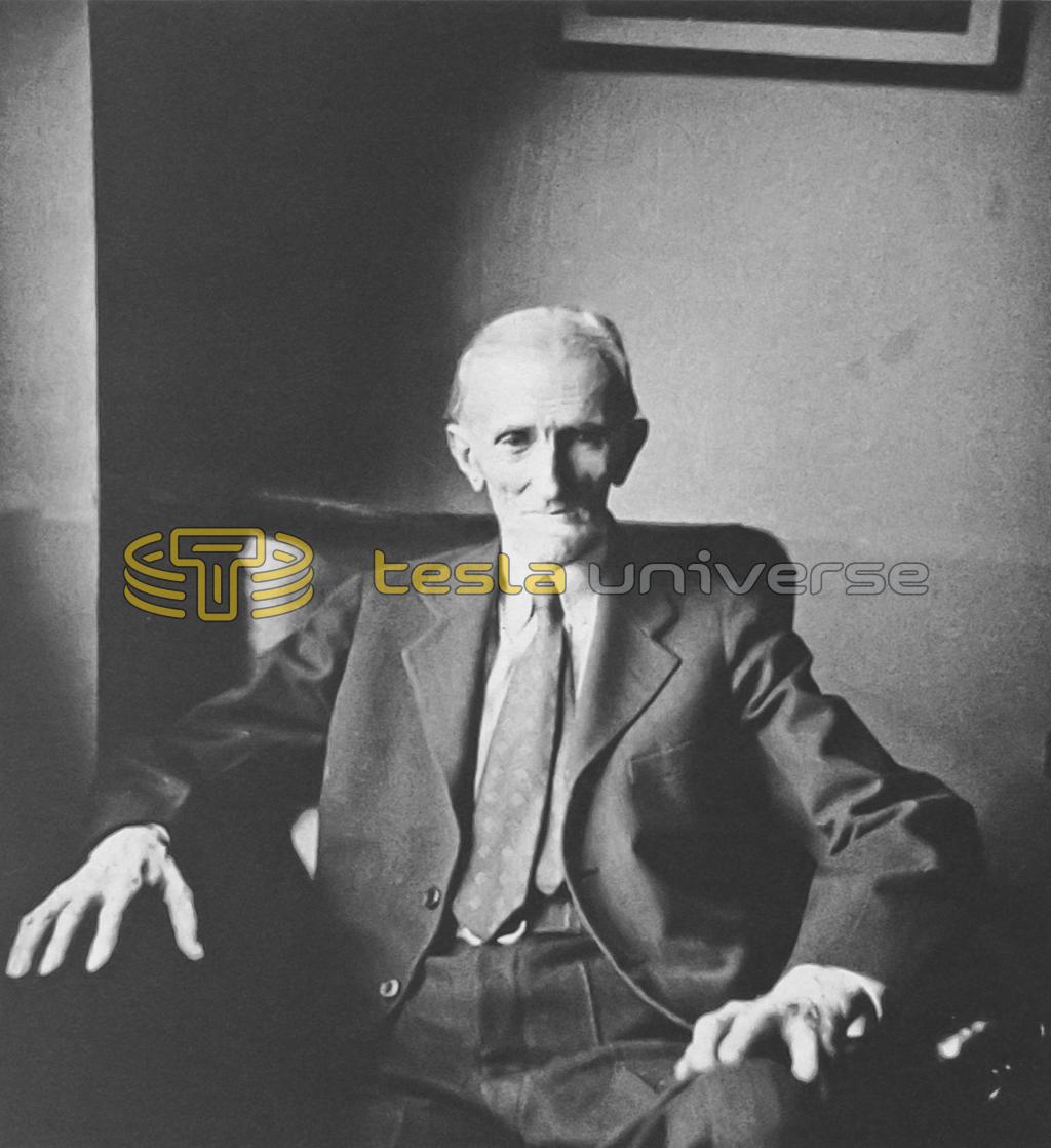 Nikola Tesla sitting in a chair in his room at the Hotel New Yorker