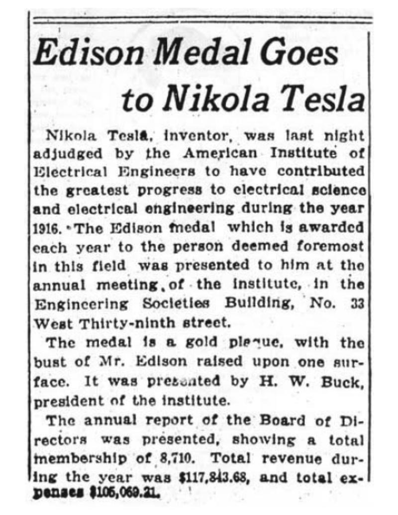 Preview of Edison Medal Goes to Nikola Tesla article