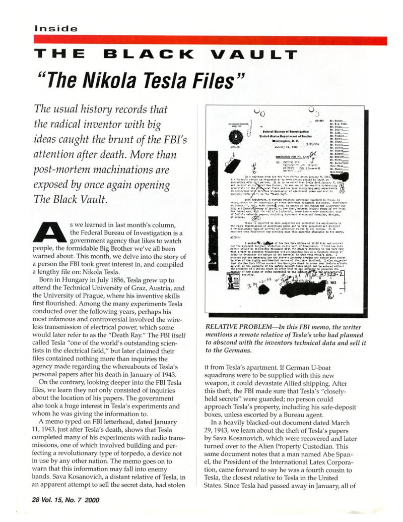 Preview of Inside the Black Vault - "The Nikola Tesla Files" article