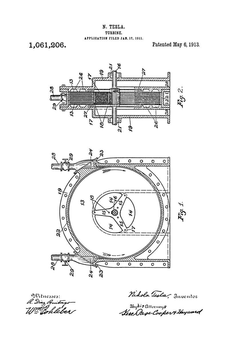 Nikola Tesla U.S. Patent 1,061,206 - Turbine - Image 1