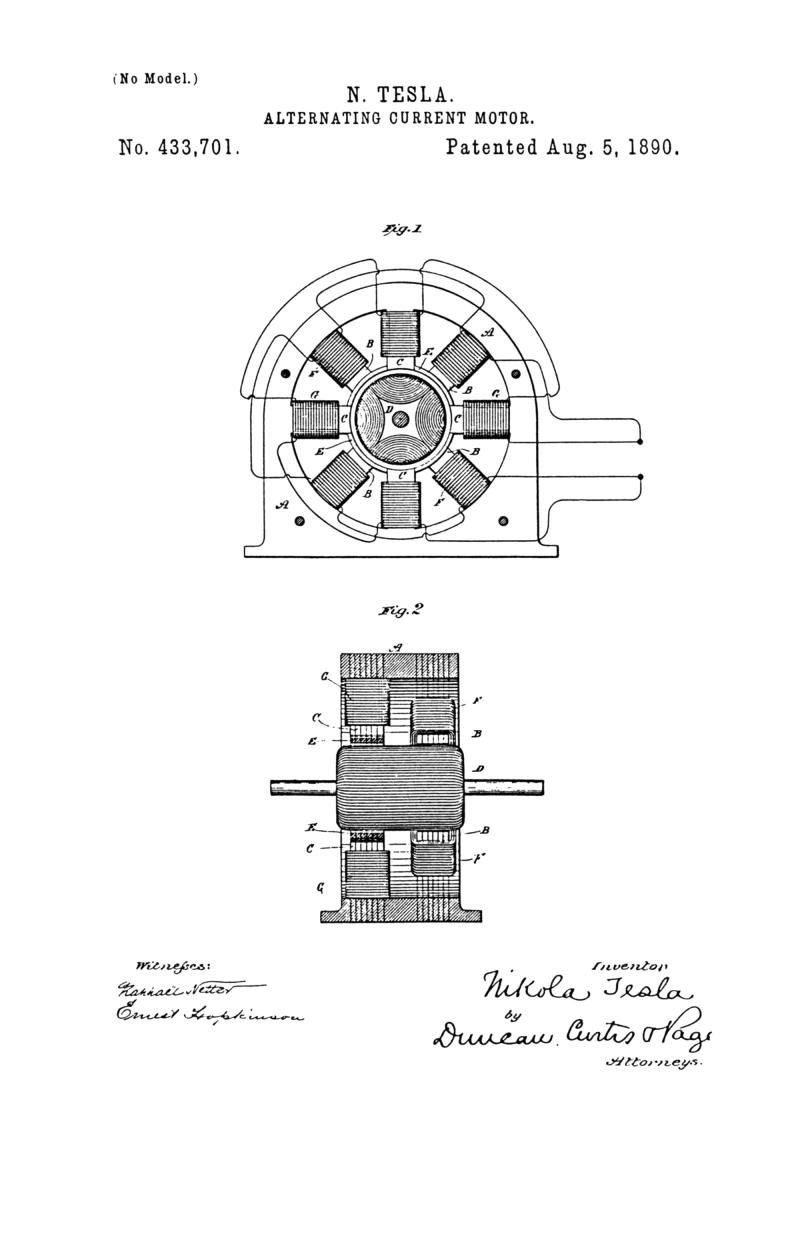 Nikola Tesla U.S. Patent 433,701 - Alternating-Current Motor - Image 1