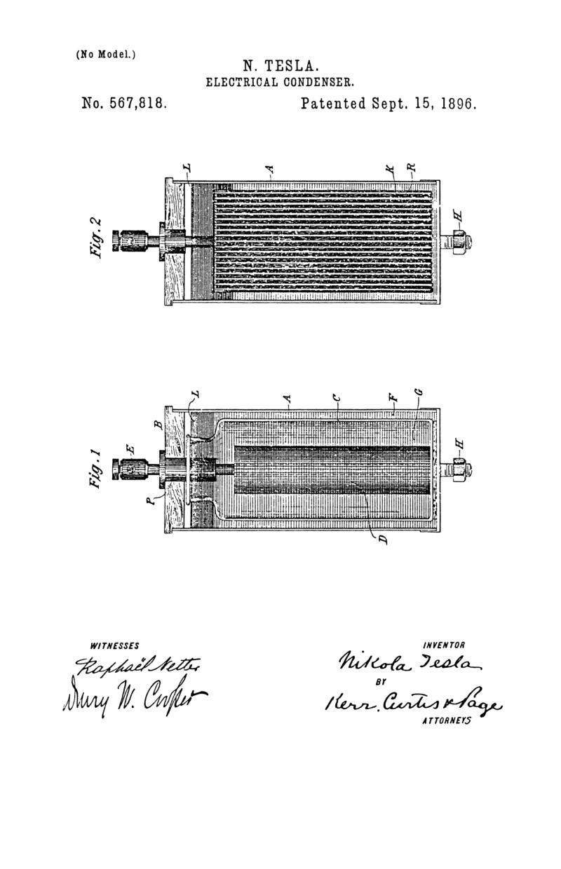 Nikola Tesla U.S. Patent 567,818 - Electrical Condenser - Image 1