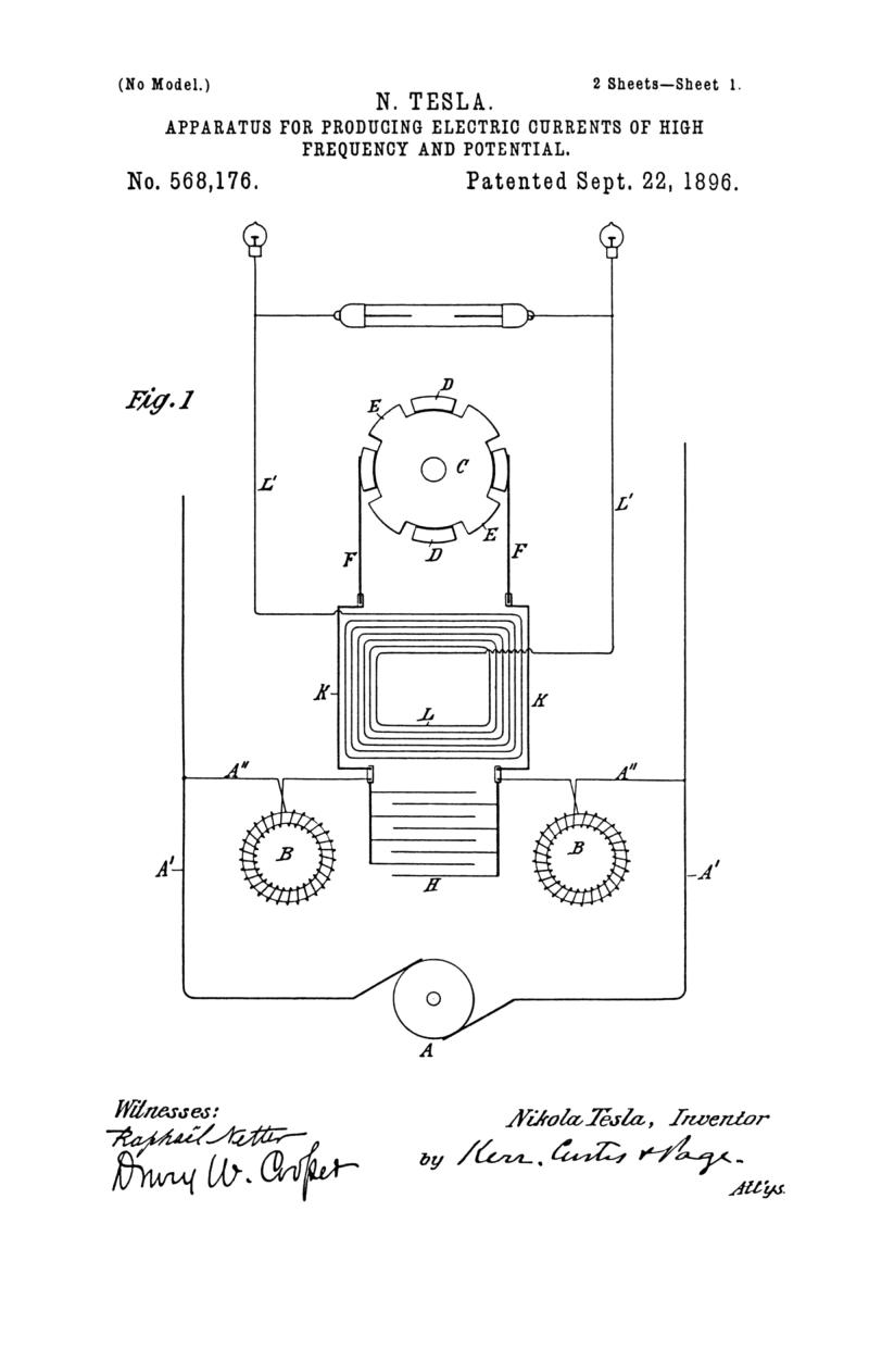 Nikola Tesla U.S. Patent 568,176 - Apparatus for Producing Electrical Currents of High Frequency and Potential - Image 1