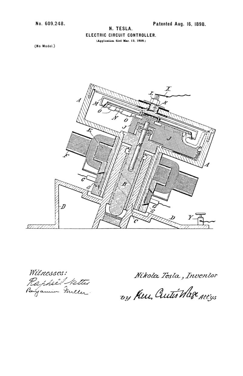 Nikola Tesla U.S. Patent 609,248 - Electric Circuit Controller - Image 1