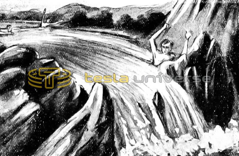 Drawing of a youthful Nikola Tesla swimming in waterfalls