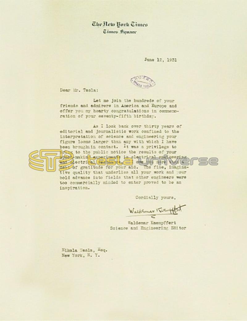 June 12th, 1931 letter from Waldemar Kaempffert to Nikola Tesla
