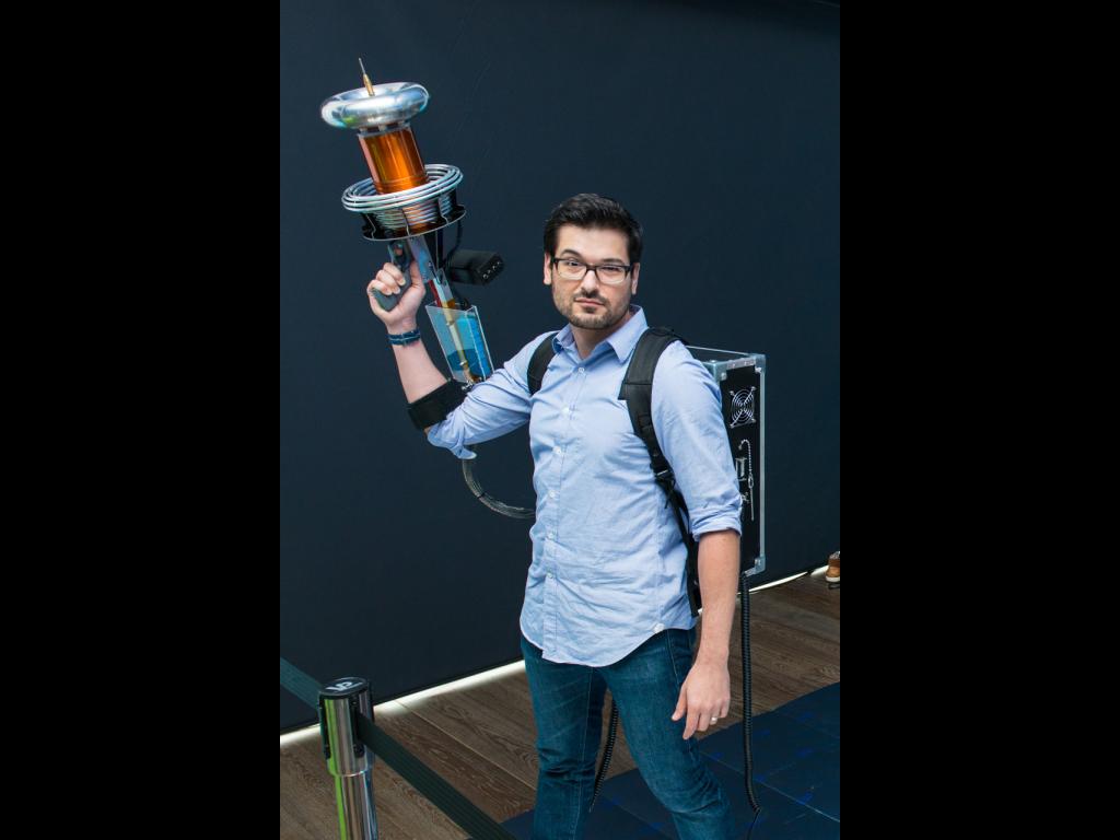 Anthony Carboni poses with the Tesla gun